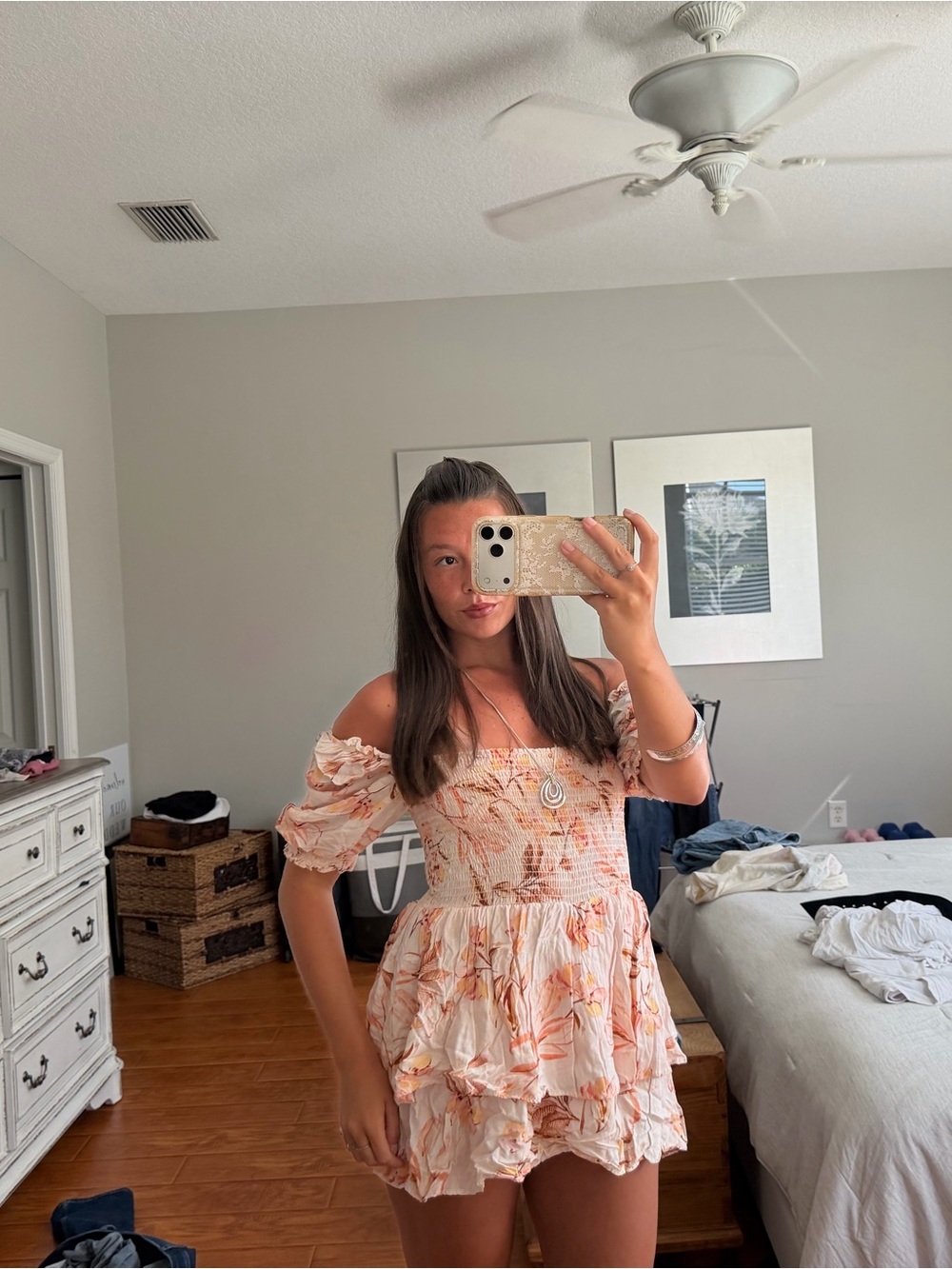 Floral Smocked Off-Shoulder Mini Dress in Blush Floral